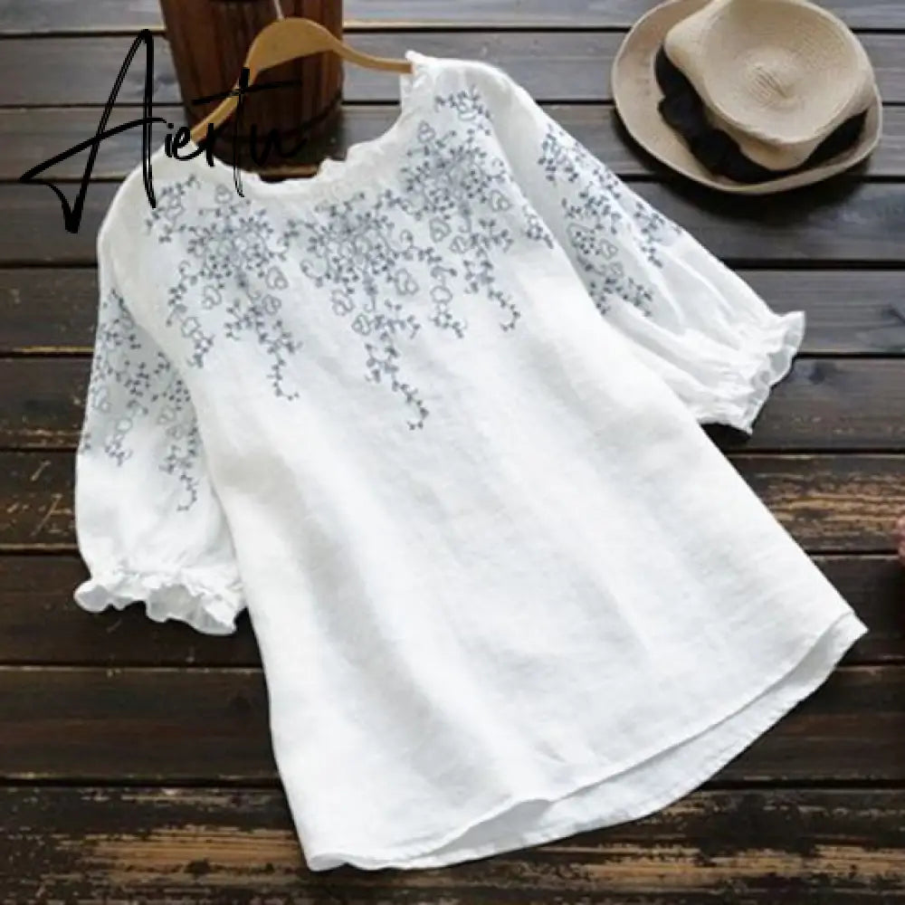 Fashion O Neck Cotton Tunic Women's Summer Blouse  Causal Half Sleeve Tee Shirts Female Embroidery Tops Aiertu