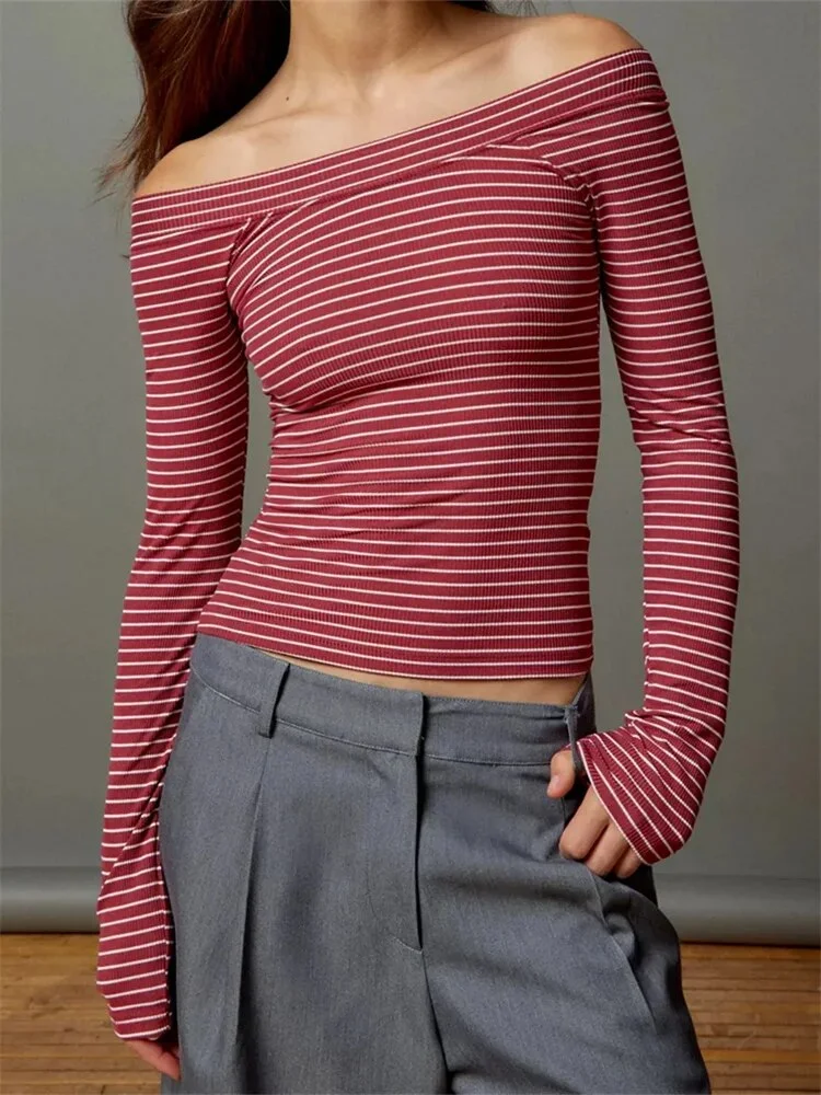 Toloer Women Slim Off-Shoulder Tees Tops Solid Color/Striped Print Long Sleeve Slash Neck T-Shirts Clubwear Spring Fall 2023