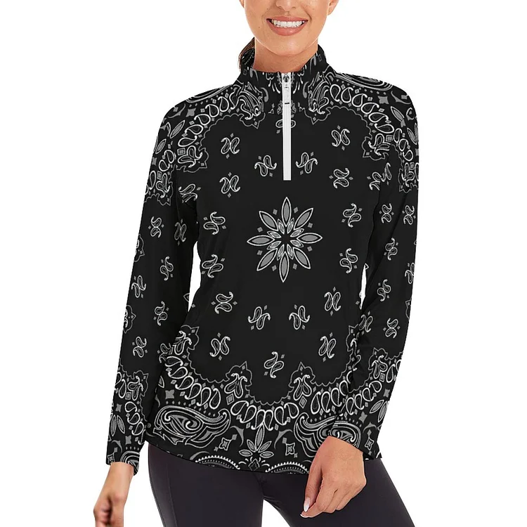 Long Sleeve Yoga Shirt Black Paisley Bandana Print  customized, personalized, gift