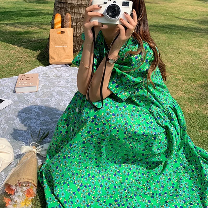 Summer Casual Vestidos Floral Dresses Ladies Short Sleeve Retro Print Long Dress Female 2022 M-4XL Loose Green Women Dress 15686