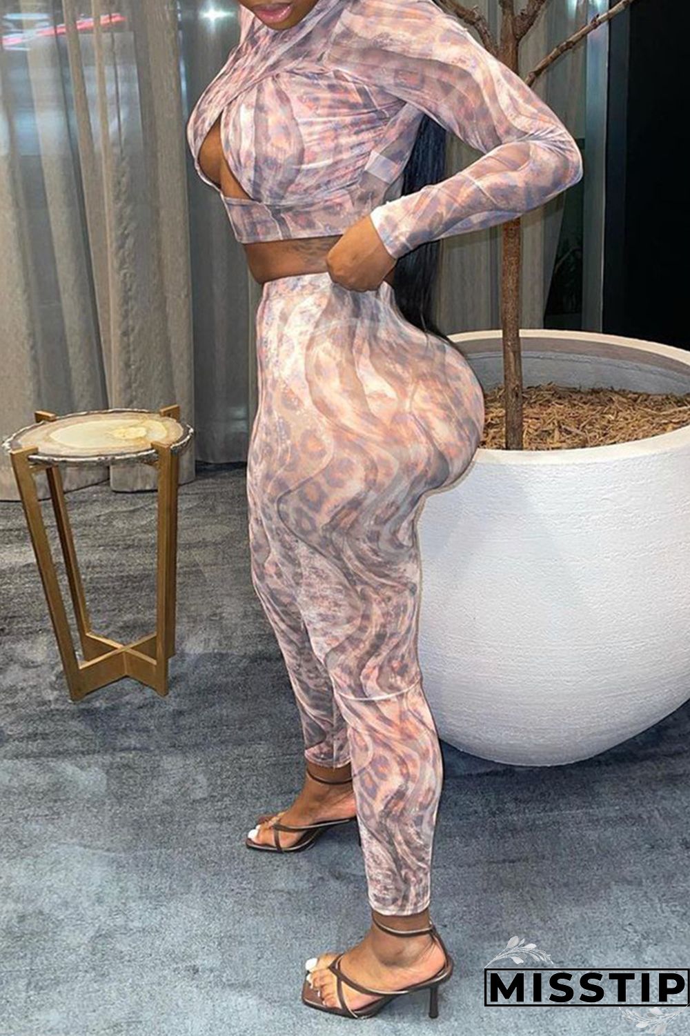 Pink Fashion Sexy Print Hollowed Out O Neck Long Sleeve Two Pieces