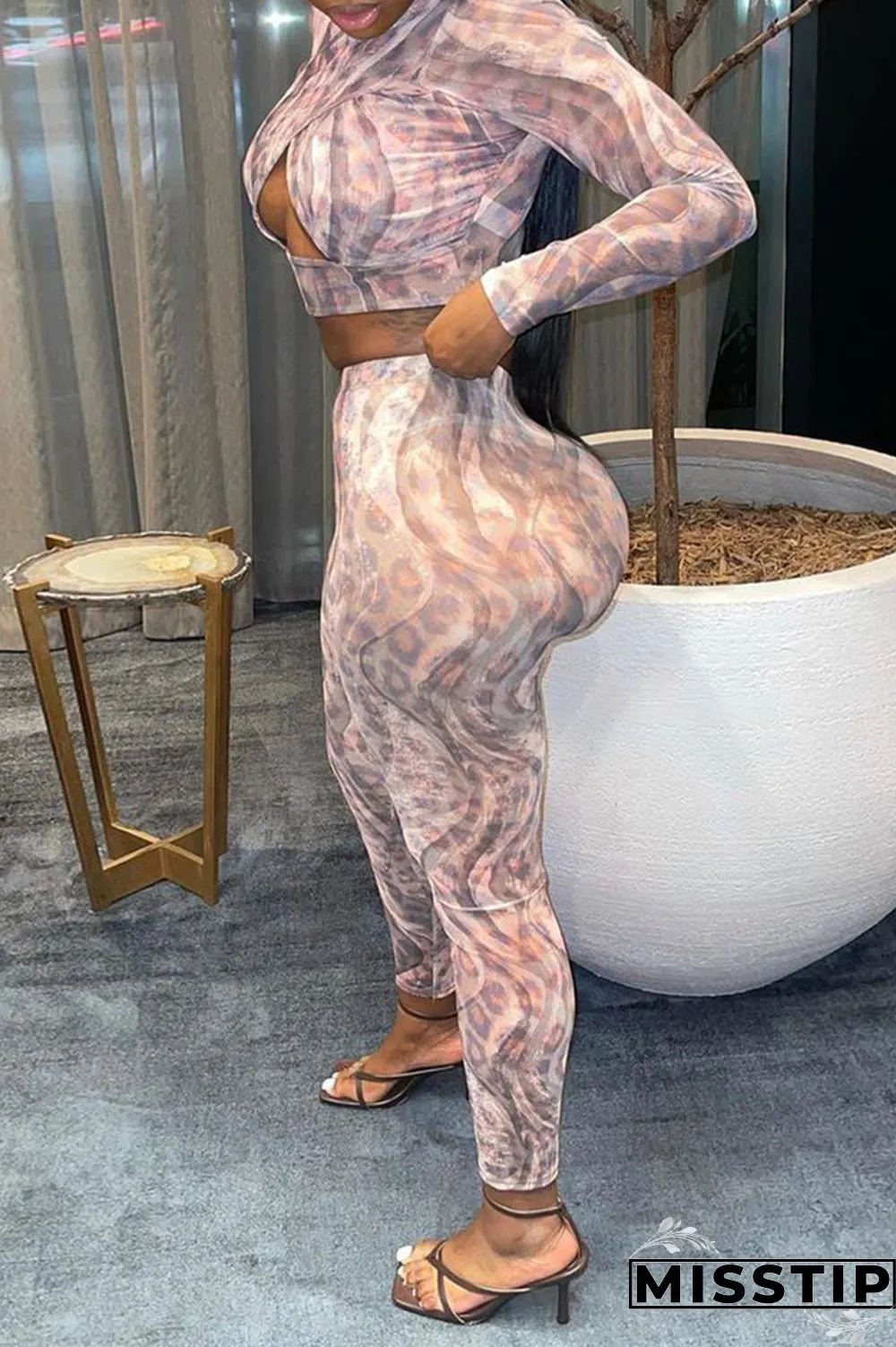 Pink Fashion Sexy Print Hollowed Out O Neck Long Sleeve Two Pieces