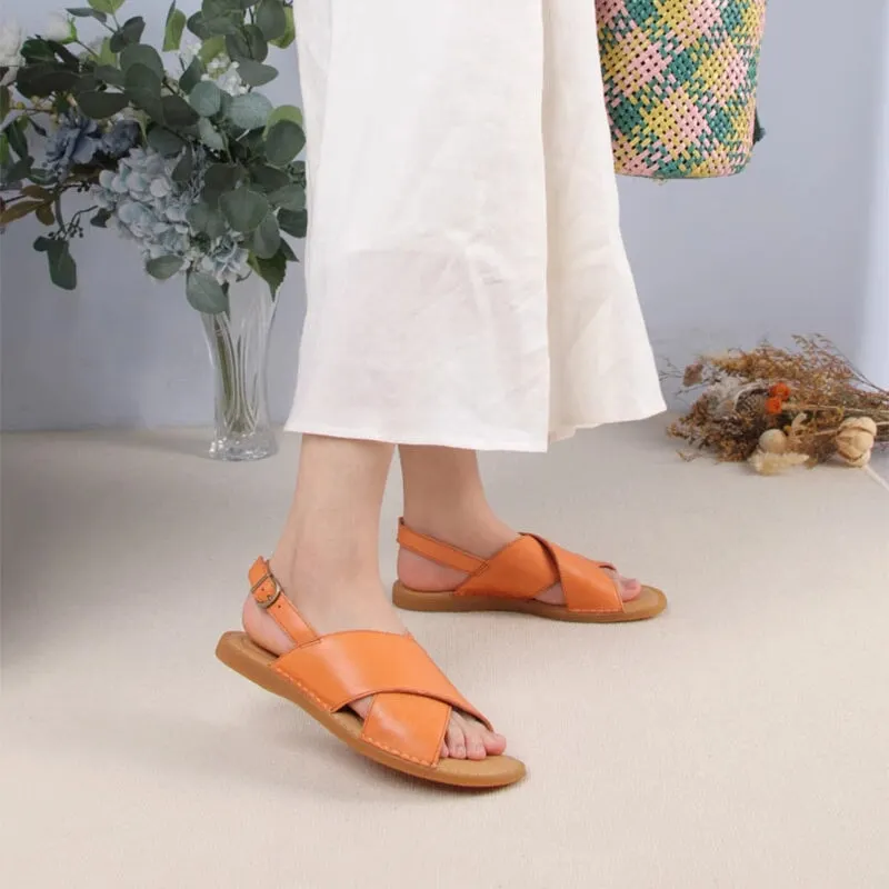 Women's Wide Strap Peep Toe Leather Flat Sandals Shoes