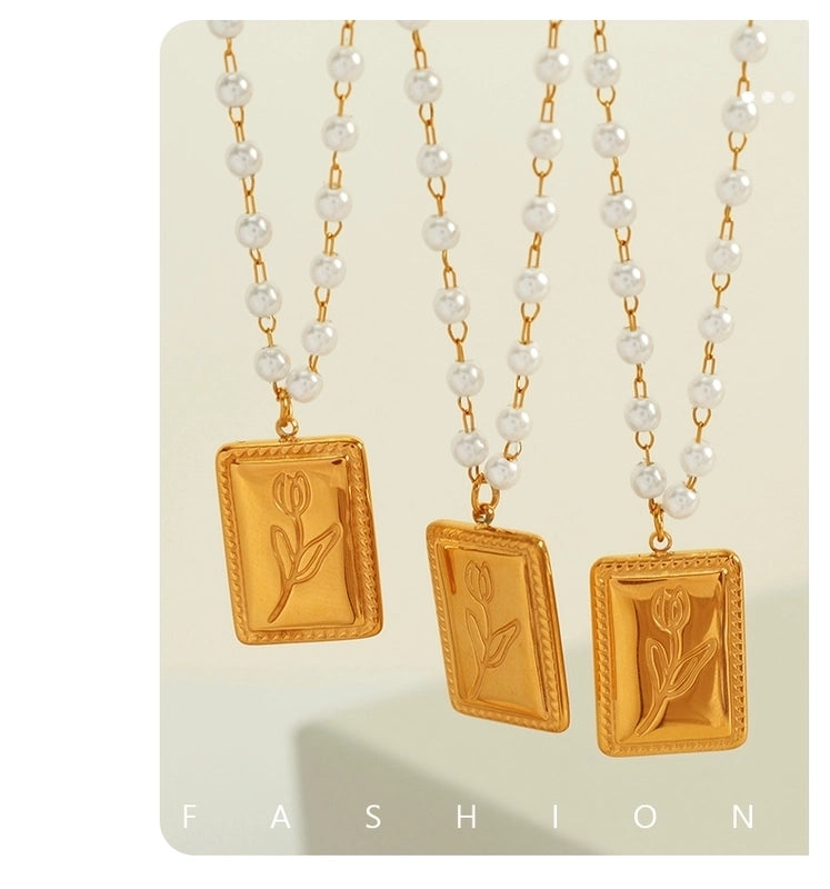 IG Style Elegant Princess Tulip Rectangle 304 Stainless Steel 18K Gold Plated Polishing Pearl Pendant Necklace