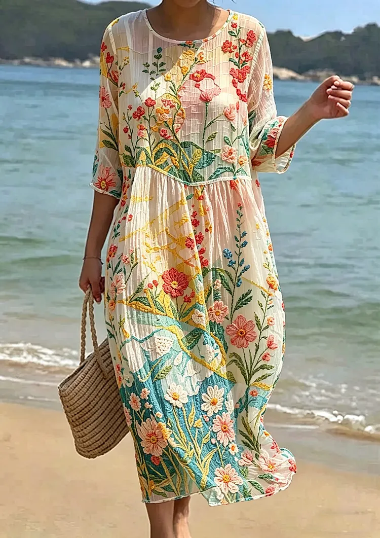 Women's Floral Embroidered Smocked Waist Midi Dress