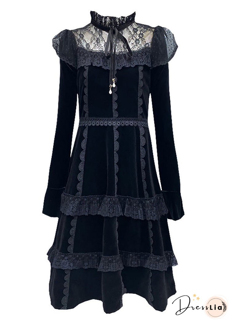 Stylish Black Ruffled Neck Tie Lace Patchwork Silk Velour Mid Dress Long Sleeve