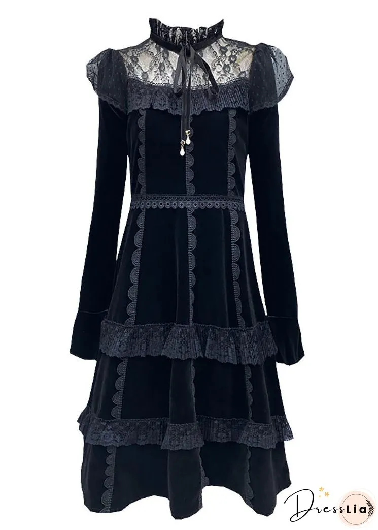 Stylish Black Ruffled Neck Tie Lace Patchwork Silk Velour Mid Dress Long Sleeve