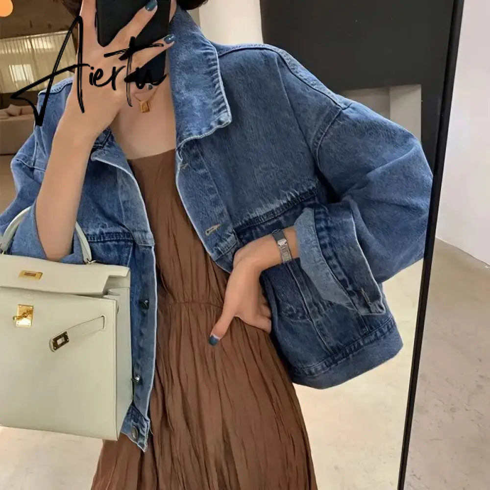Denim Jacket Women Vintage Turn Down Collar Long Sleeve Korean Fashion Jeans Jackets Chic Oversized Casual Coats Aiertu