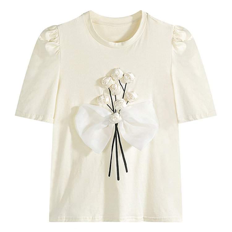 Chic 3D Blossom Bow Decor Casual T-Shirt - Modakawa modakawa