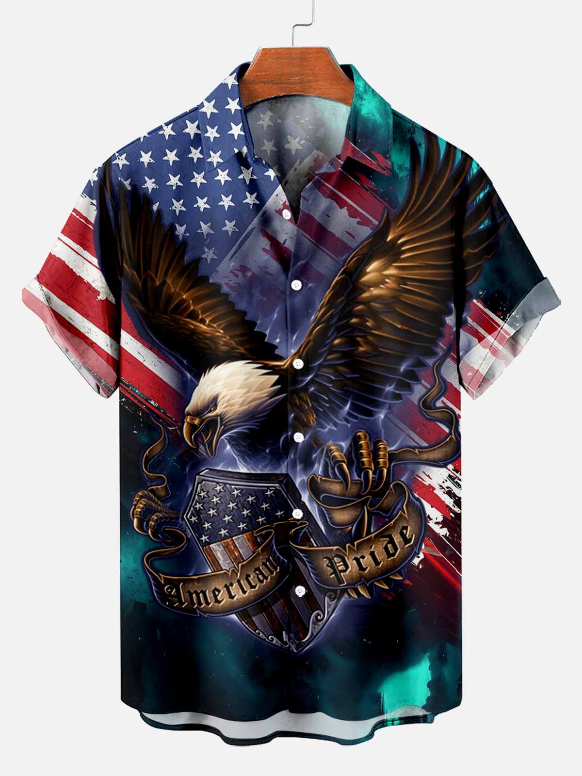 Independence Day American Flag Eagle Print Short Sleeve Shirt PLUSCLOTHESMAN