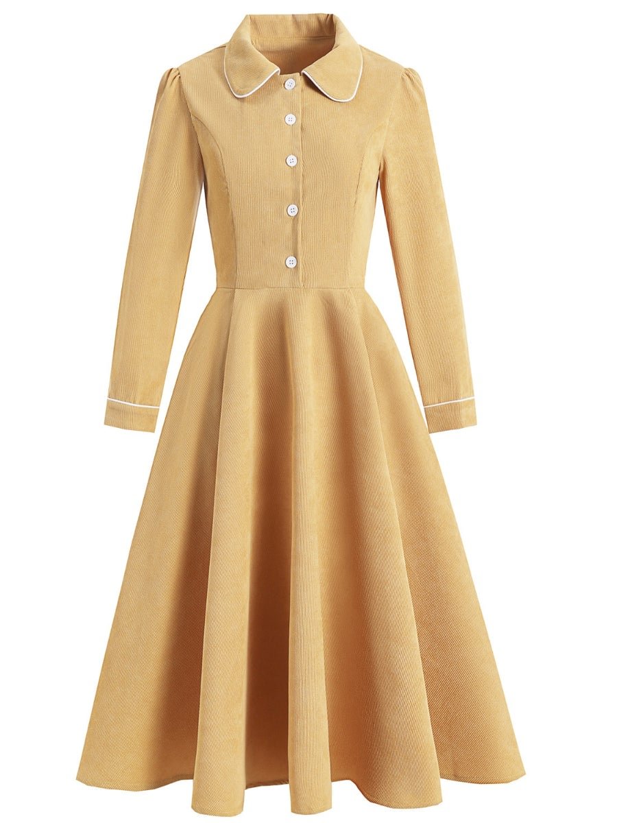 Women's Dresses Vintage Lapel Long Sleeve Corduroy Midi Swing Dress