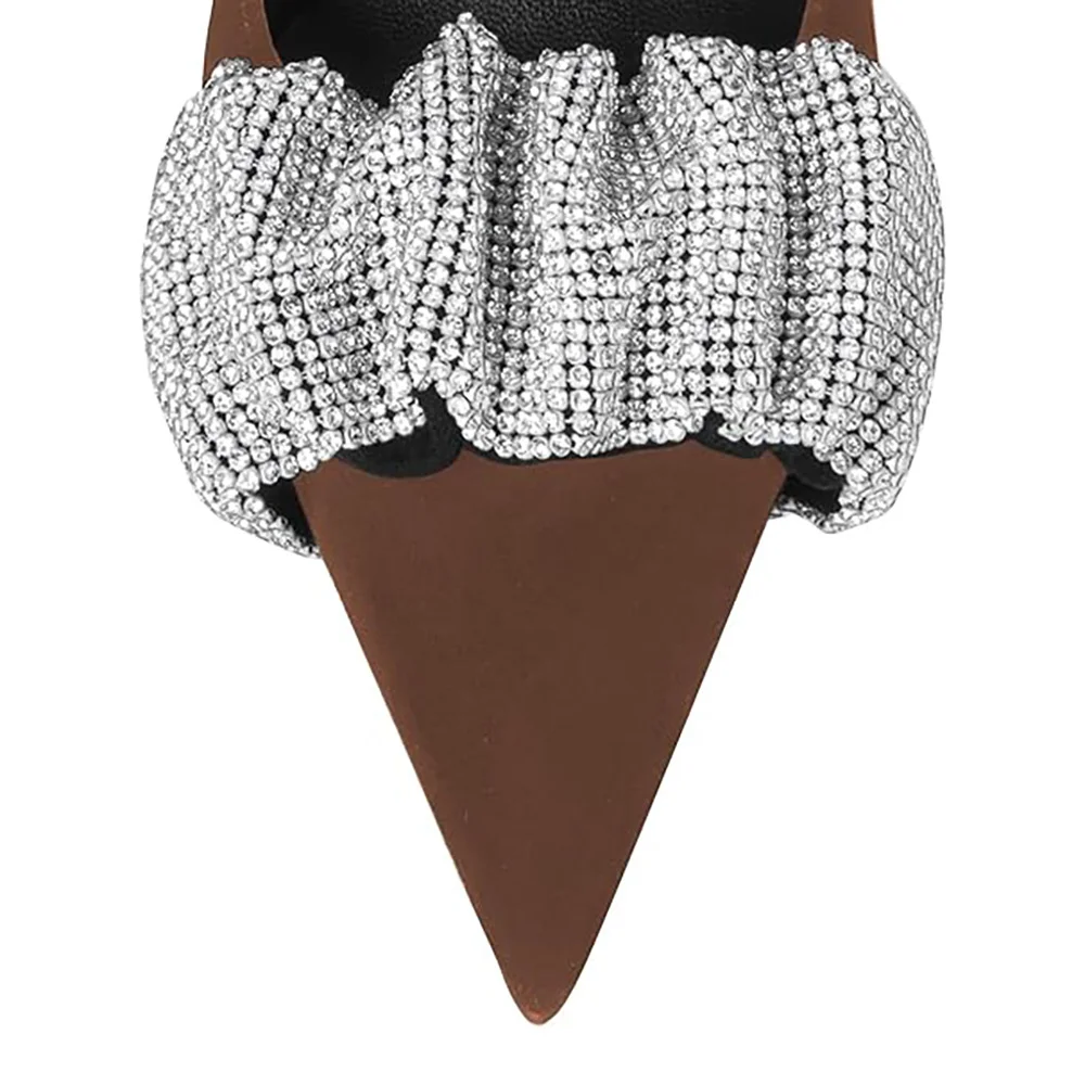 Brown Faux Suede Sophisticated Pointed Rhinestone Flared Heel Pumps