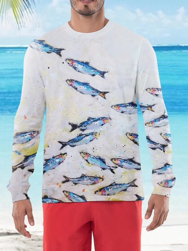 Men's Hawaii Fishes Print Long Sleeve T-Shirt