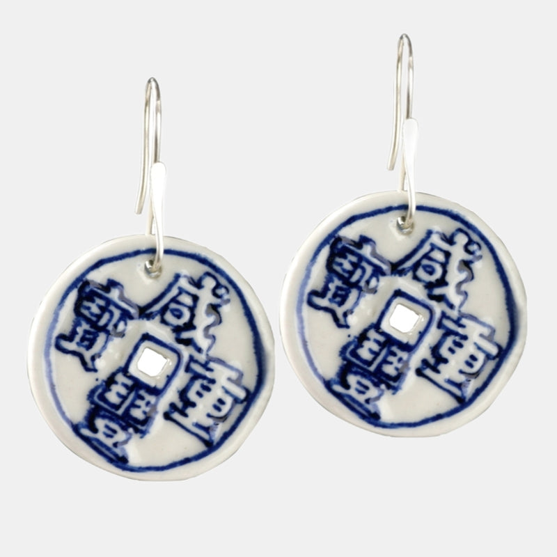 Blue and White Porcelain Silver Earrings Chinoiserie Minimalism Copper Coin Shape Earrings
