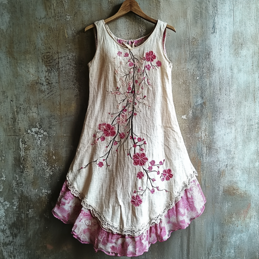 Vintage Sakura Floral Lace Gradient Art Comfort Dress
