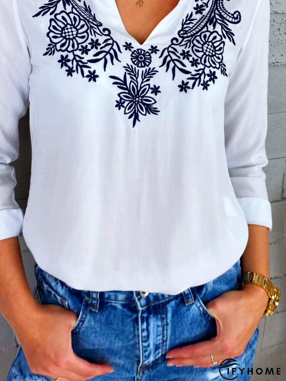 Casual Embroidery V Neck Embroidery Patterns Top | IFYHOME