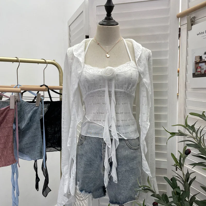 Uveng Real Shooting Pure Lust Style Set Hanging Neck Lace Hollow Sling Sling Vest + Short Lotus Leaf Side Shirt 88968