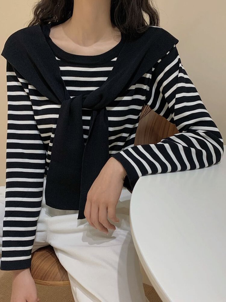 Striped Patchwork Long Sleeve Casual T Shirt For Women P1783192
