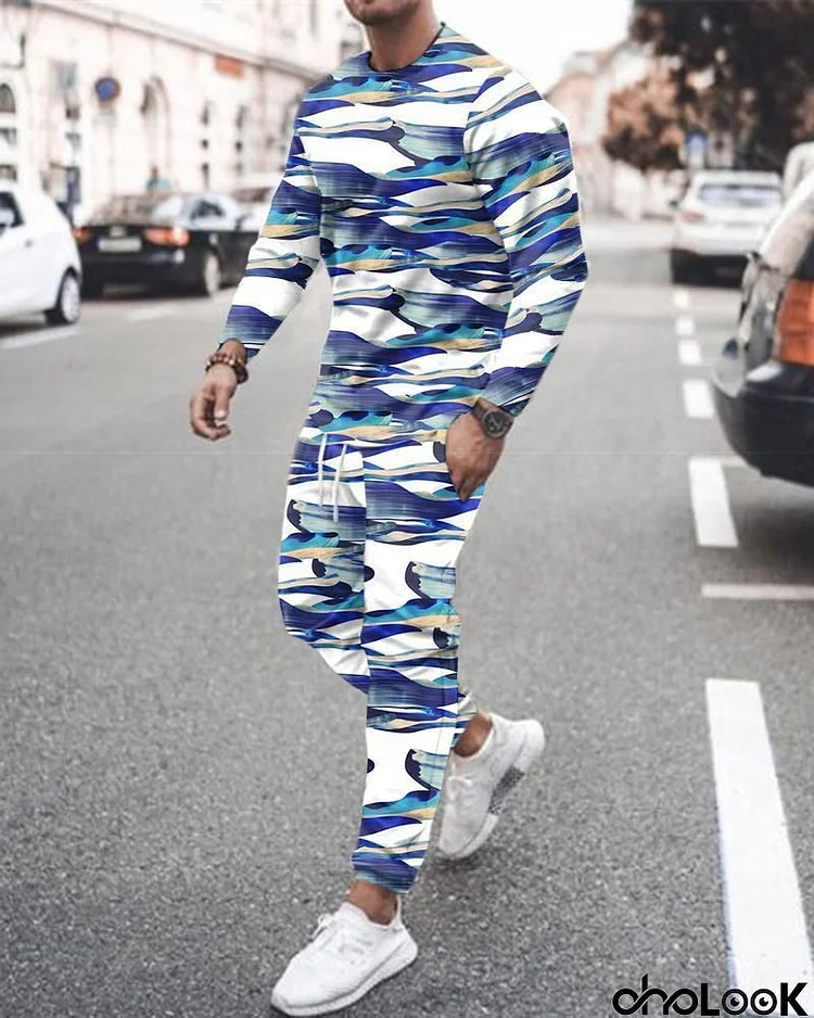 Men Plus Size Casual Long Sleeve Round Neck Graphic Printed Loose T-shirt And Drawstring Waist Jogger Pants Two-piece Set