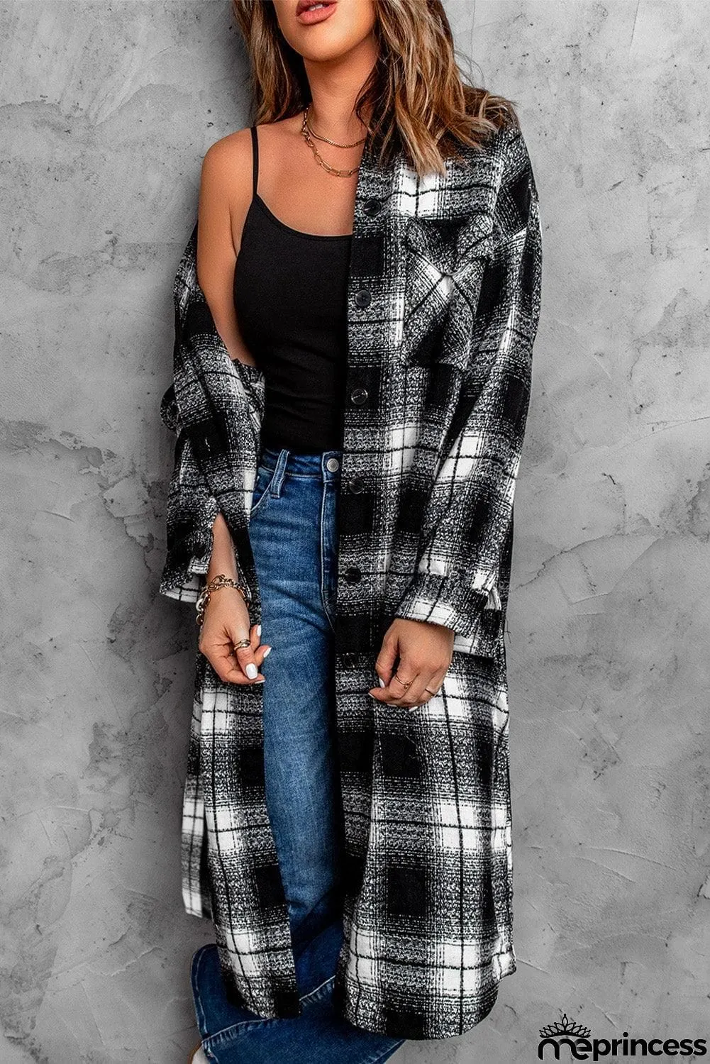 Plaid Button Down Dropped Shoulder Duster Coat