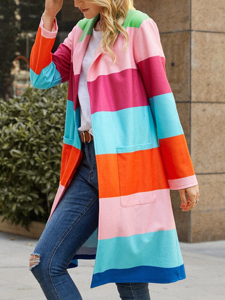 Rainbow Striped Print Long Coat Casual Jacket For Women