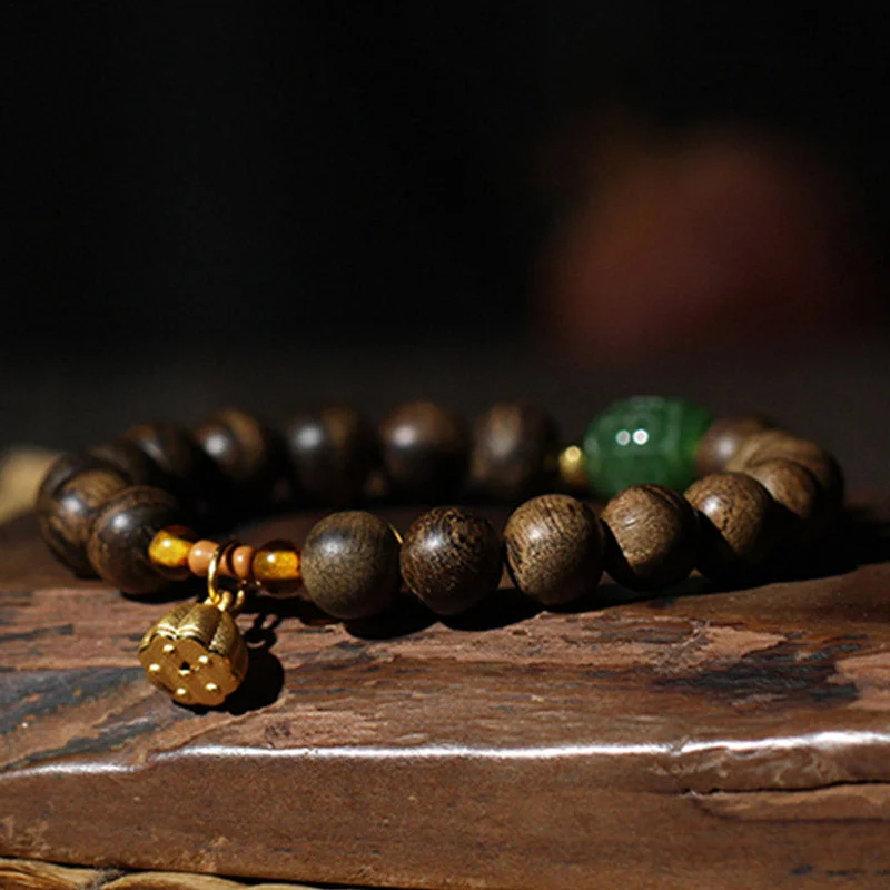 999 Gold Brunei Agarwood Cyan Jade Lotus Flower Peace Strength Bracelet