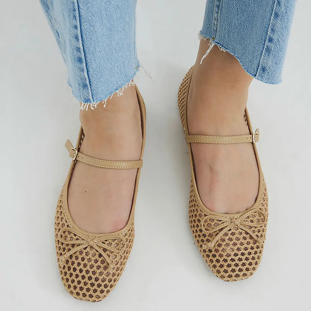 YDN Beige Raffia Round Toe Bow Decor Cut-Out Mary Jane Flats