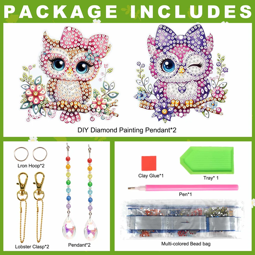 2Pcs 5D DIY Diamond Painting Sun Catcher Crystal Painting Ornaments (Owl)