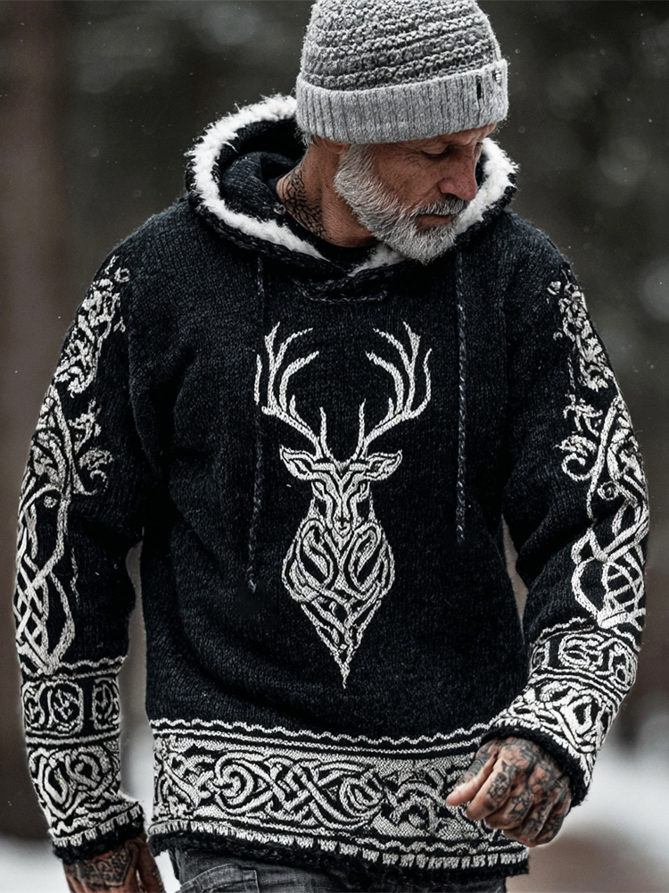 Viking Celtic Knot & Elk Men's Fur Trim Hooded Sweater elevenforest