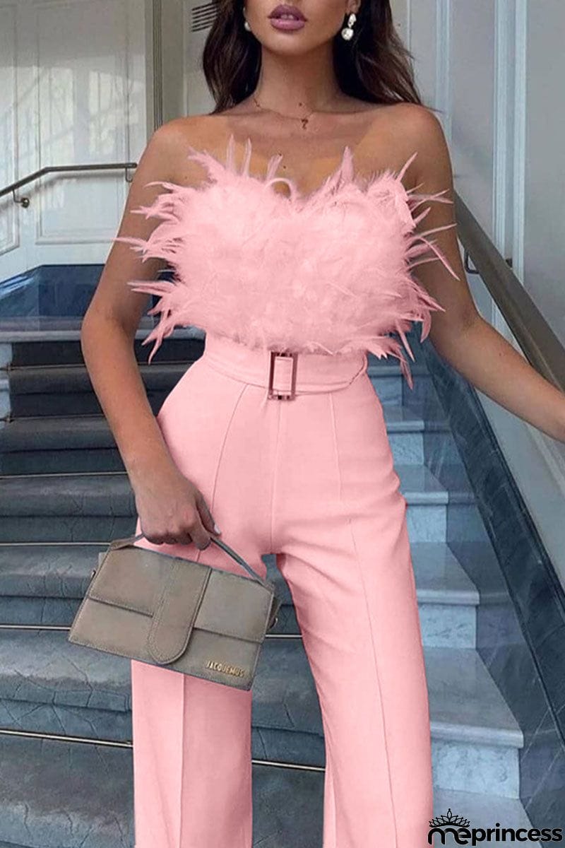 Sexy Solid Patchwork Feathers With Belt Strapless Straight Jumpsuits(Contain The Belt)