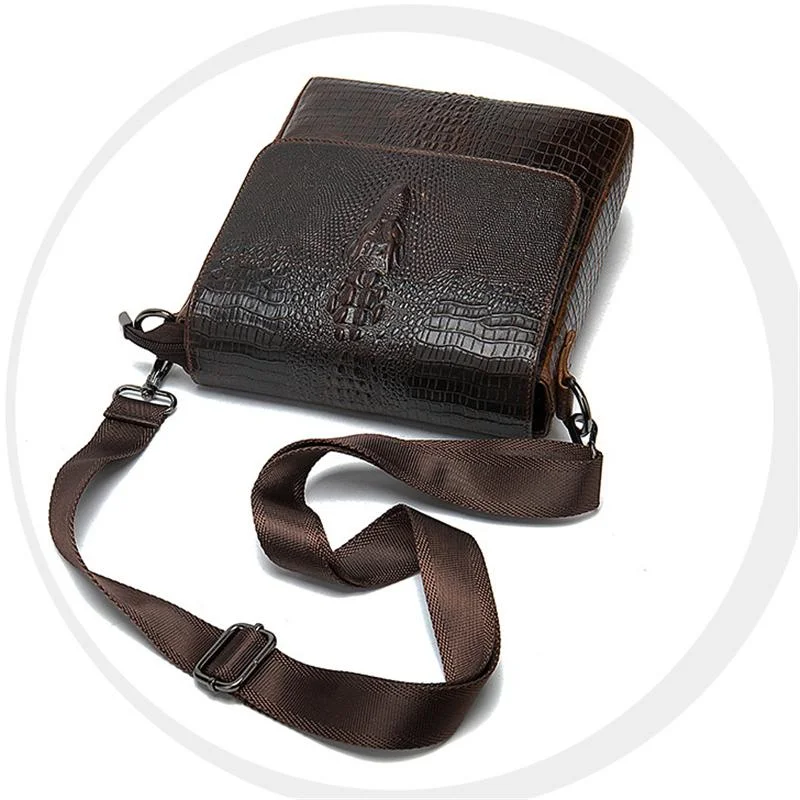 Foldover Top Detachable Sling Strap Crocodile Textured Genuine Leather Messenger Bag