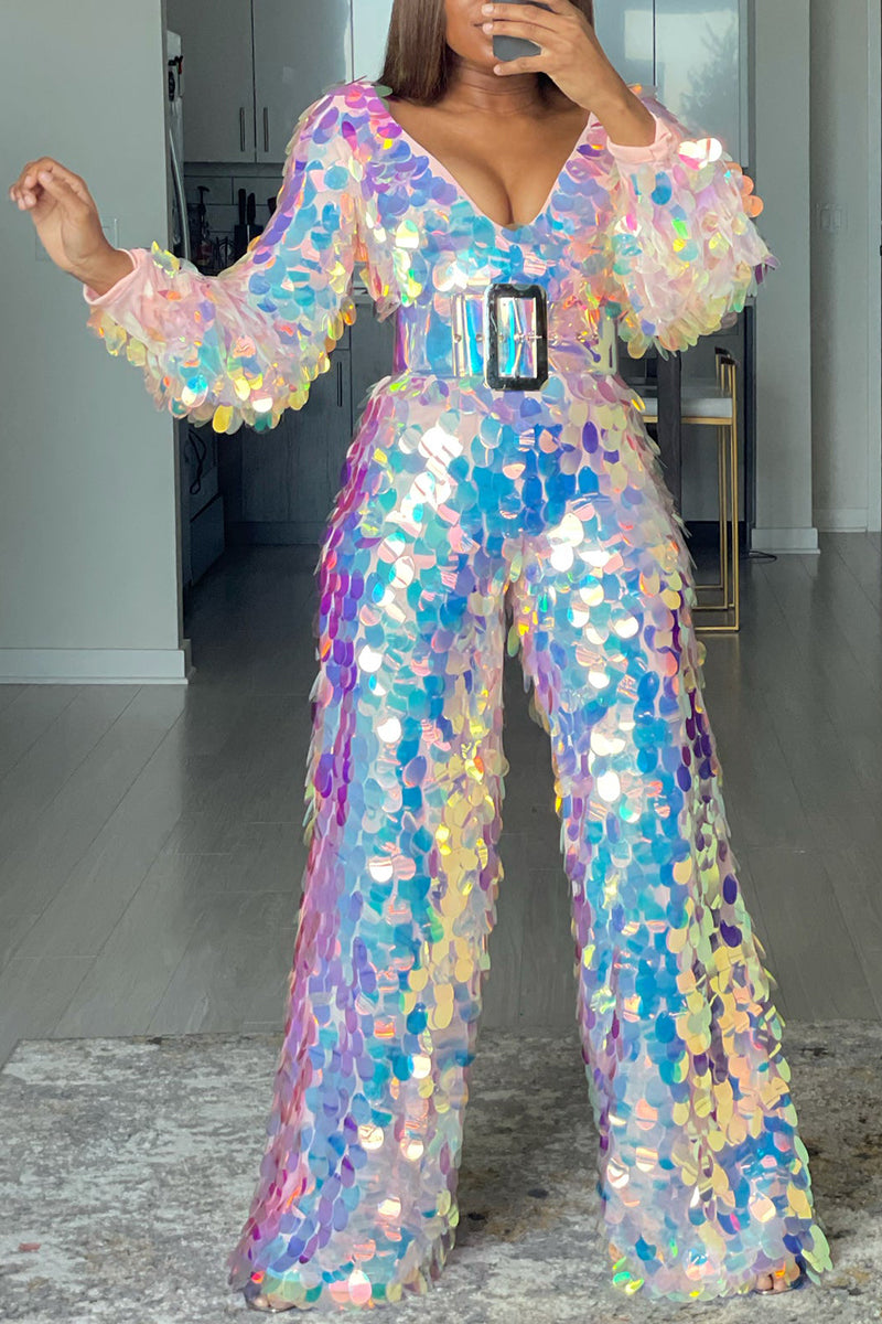 Plus Size Party Sparkly Iridescent Round Sequin Shining V Neck Wide Leg Jumpsuit (With Belt)