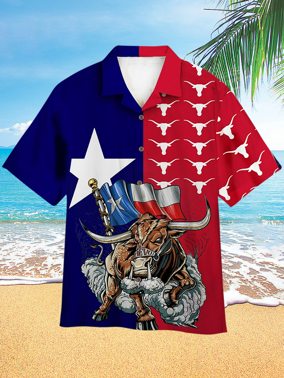 Texas Hawaiian Print Men's Short Sleeve Cuban Collar Shirt PLUSCLOTHESMAN