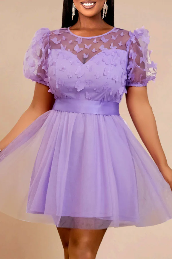 Butterfly Decor Puff Sleeve Sweet Tulle A-Line Mini Dress