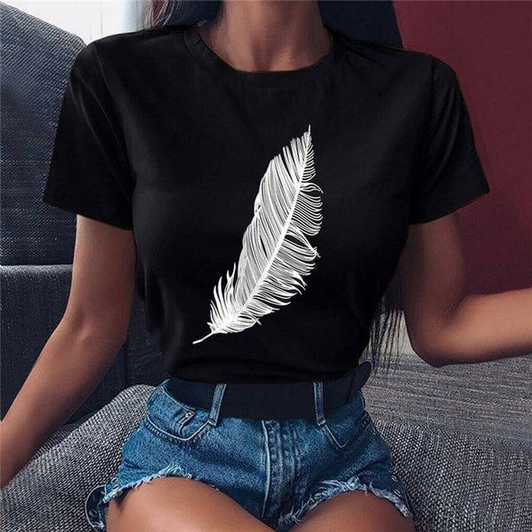 Summer Women's Fashion Funny Bird Feather Print Graphic Tee Shirt Lady Girl Sumemr Short Sleeves Boho T-shirt Comfy Cotton Top - Life is Beautiful for You - SheChoic