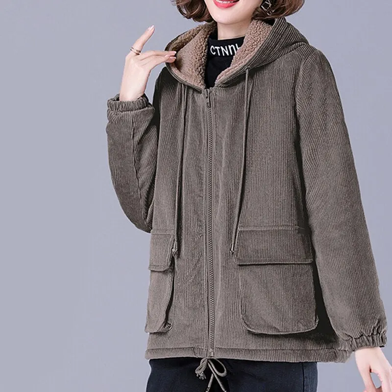 Zoki Thick Women Corduroy Jacket Winter Cotton Vintage Loose Hooded Female Loose Plus Size Korean Coat Casual Warm Clothes 2021