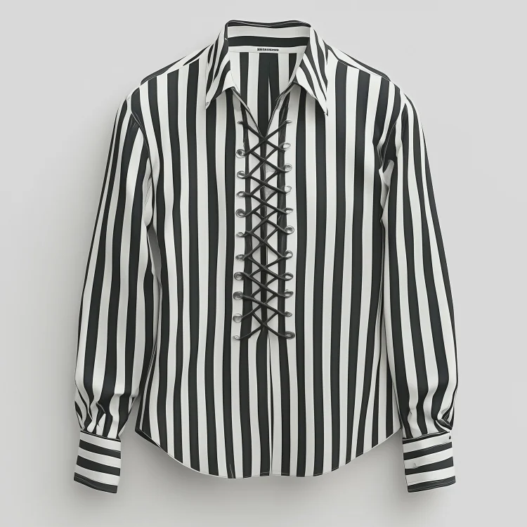 Okaywear Turndown Collar Striped PU Strappy Long Sleeve Shirt 