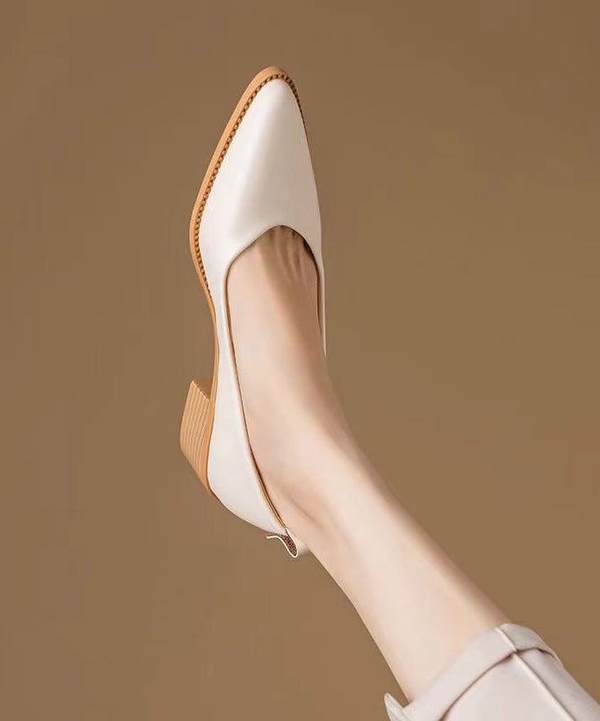 VCSHOES Chunky Heel Beige Cowhide Leather Pointed Toe