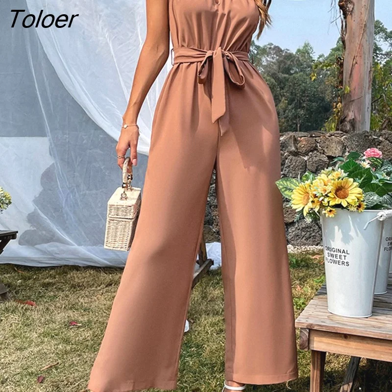 Toloer Elegant Long Jumpsuit Women Fashion Bandage Wide Leg Rompers Womens Jumpsuits Backless Sexy Outfits For Woman 2022