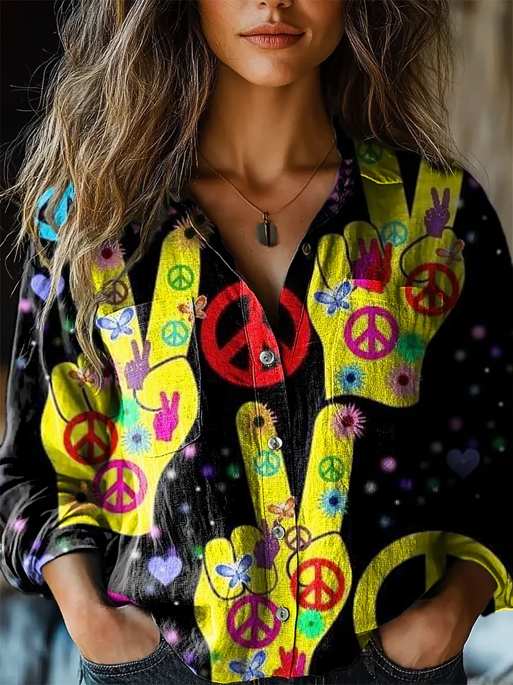 Women's Hippie Art Print Casual Long Sleeve Comfortable Cotton Shirt