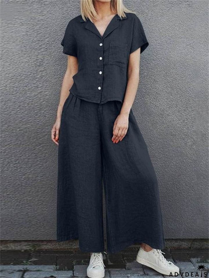 Women's Vintage Cotton Lapel Short Sleeve Shirt and Loose Pants