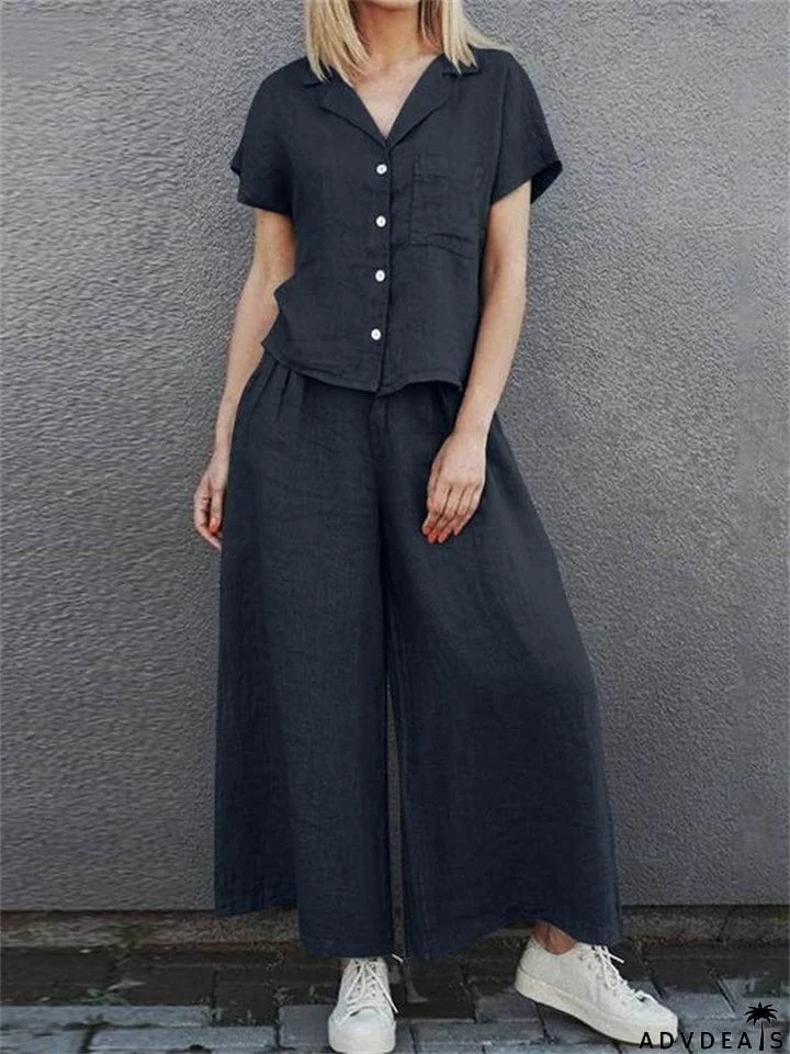 Women's Vintage Cotton Lapel Short Sleeve Shirt and Loose Pants