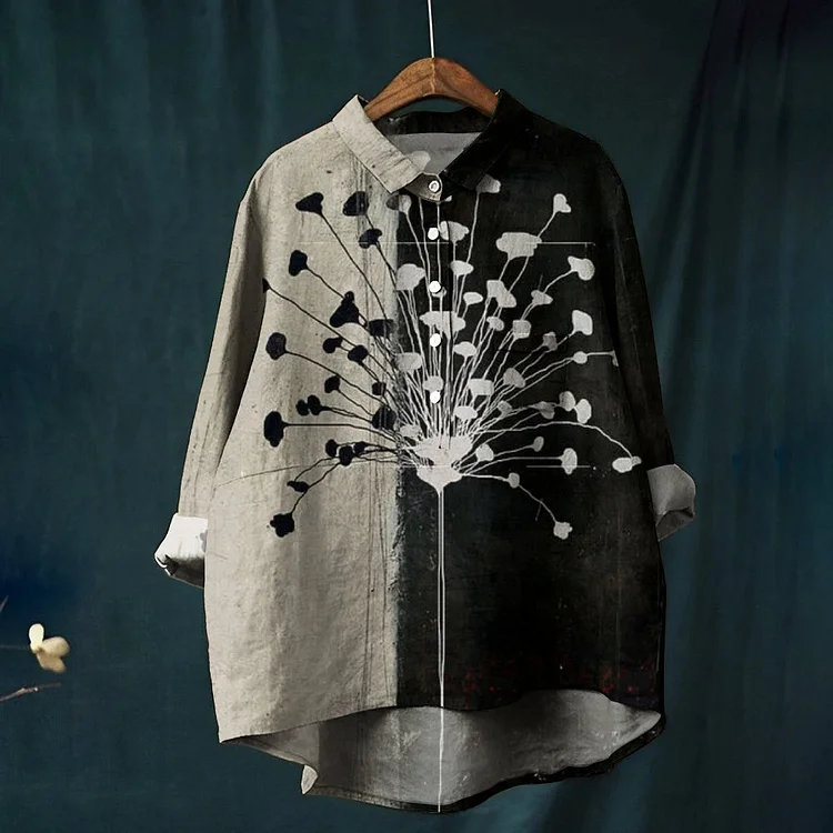 Women's Vintage Colorblock Print Casual Linen Shirt