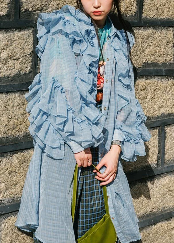 French Blue Wrinkled Ruffled Summer Chiffon Shirts Long Sleeve
