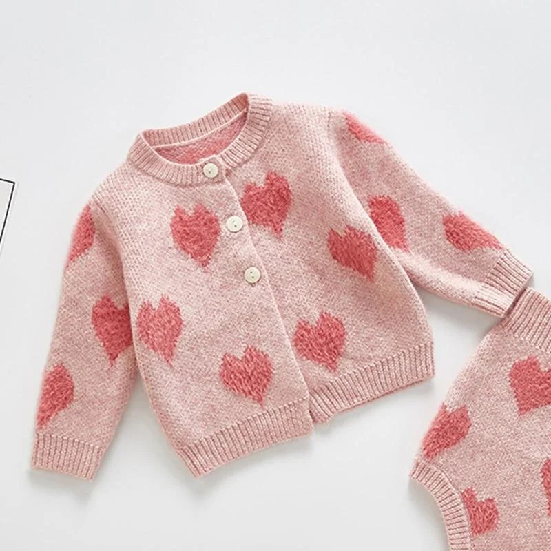 New Spring Autumn Infant Baby Girls Knit Long Sleeve Flower Coat + Braces Rompers Clothing Sets Kids Girl Suit Clothes 0-3Yrs