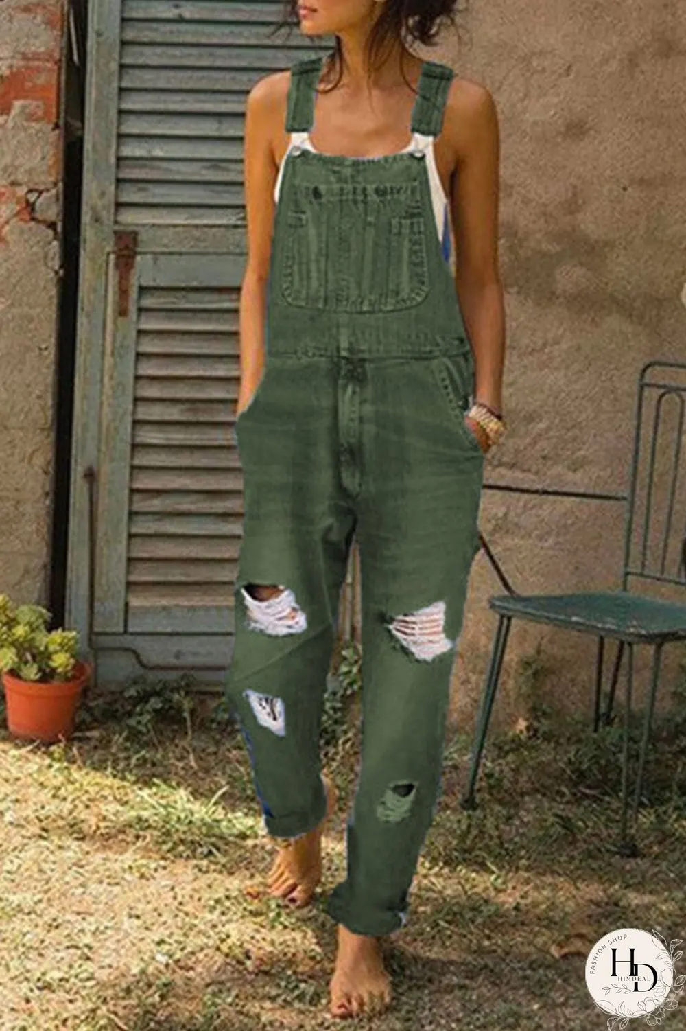 Denim Distressed Plus Size Solid Overall