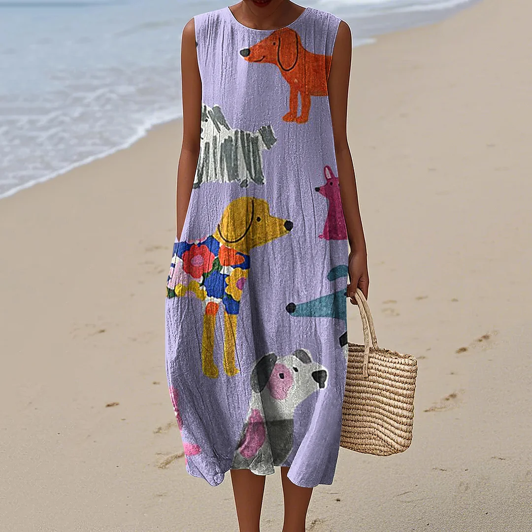 Women's Retro Cute Dogs Art Print Sleeveless Dress