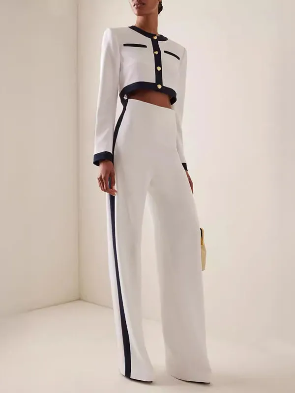 Long Sleeves Buttoned Split-Joint Round-Neck Blouses&Shirts Tops + High Waisted Pants Bottom Two Pieces Set