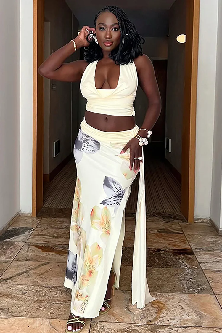Cowl Neckline Halter Crop Top Floral Print Slit Maxi Skirt 2pcs Set-Beige