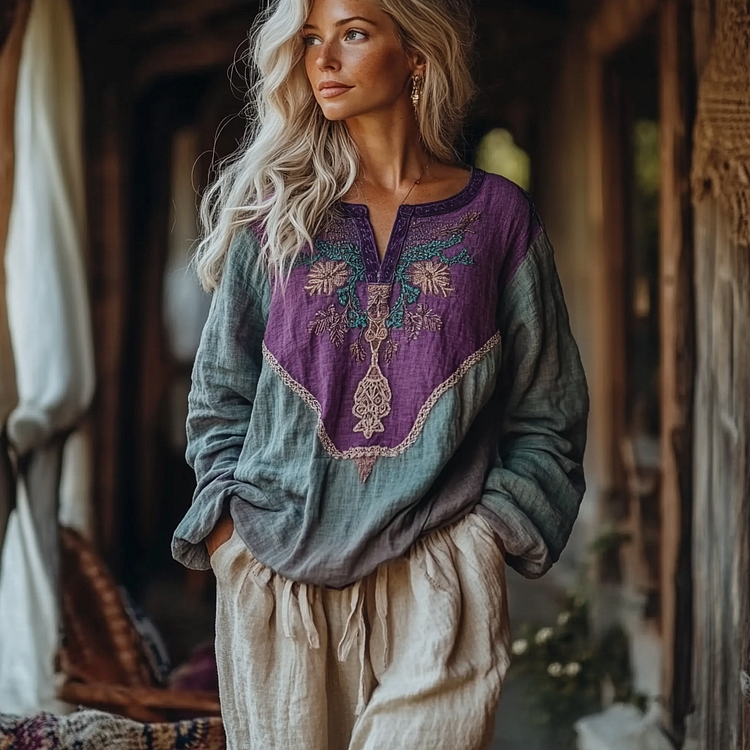 Bohemian Embroidered Floral V-neck Linen Blend Blouse